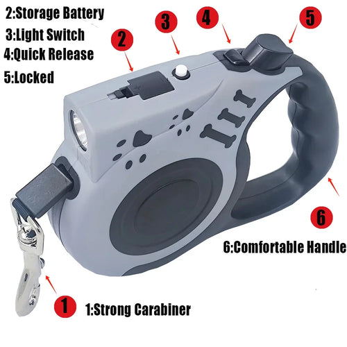 Automatic Retractable Dog Leash with Flashlight LED